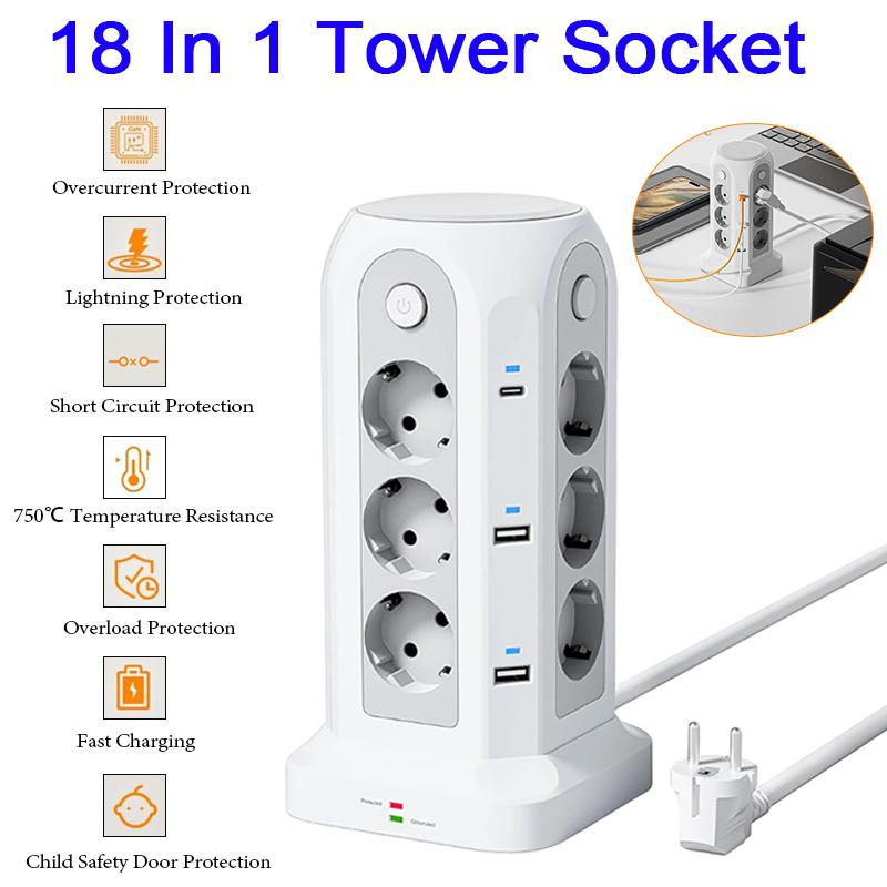 Универсальная удлинительная колодка 18 в 1 с 12 розетками, 4 портами USB, 2 портами Type-C, 4 выключателями, башенной конструкцией, защитой от перенапряжения, шнуром питания 5 м