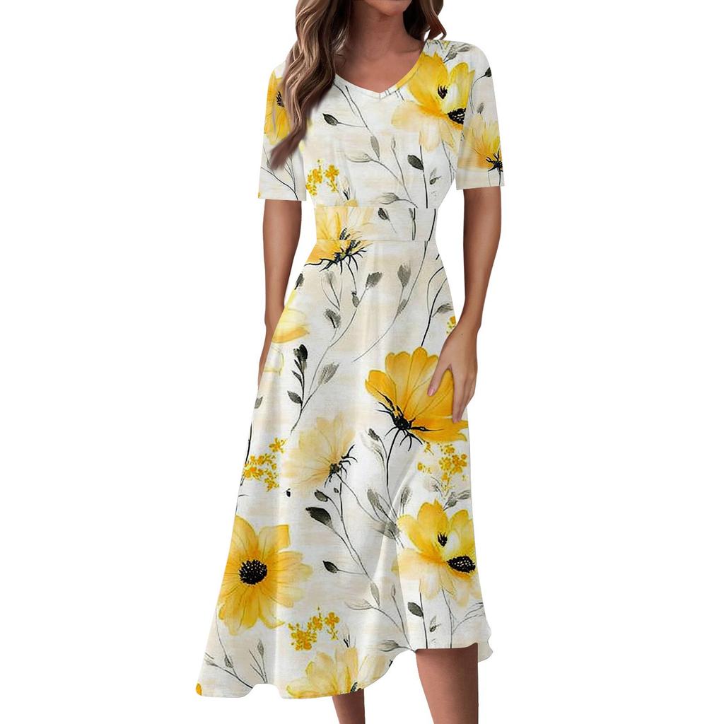Женская повседневная мода Цветочный (лист)  Платье-халат с принтом, V-образным вырезом, короткими рукавами и длинной юбкой-халат