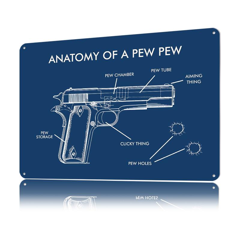 PEW PEW HANDGUN BLUE Tin Poster Customized Wall Art Retro Vintage Metal Signs for Fans Room Gaming Decoration Garage House Home