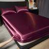 1Pc Satin Fitted Sheet Solid Colour Twin Full Queen Ice Silk Mattress Cover Natural With Elastic Band Bed Sheet (No Pillowcase)