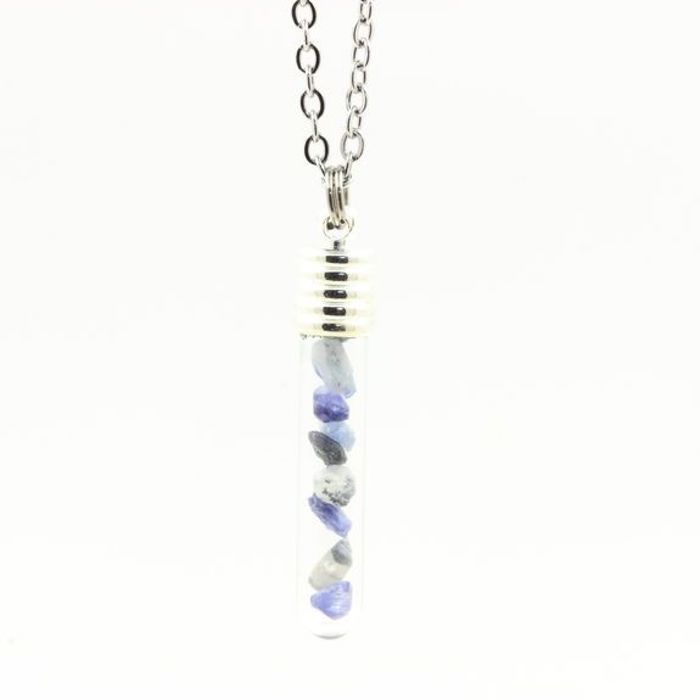 Stones and Minerals. Raw Benitoite Necklace. Tube and Spiral Model.