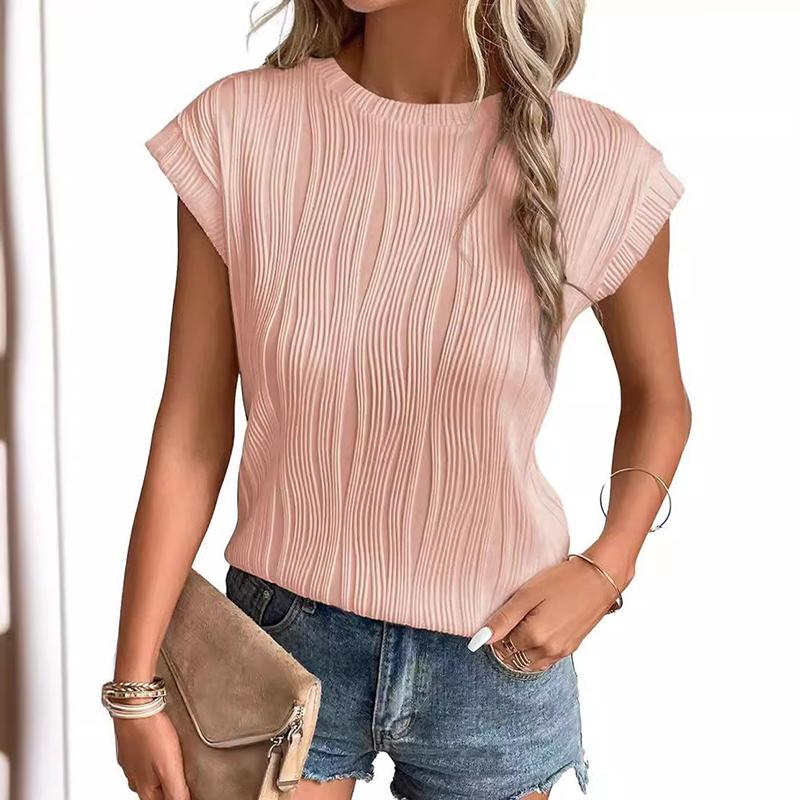 Женская летняя плиссированная футболка с круглым вырезом и коротким рукавом, однотонная, с коротким рукавом, повседневная модная футболка, дышащая, легкая, удобная, для работы и отдыха, топ