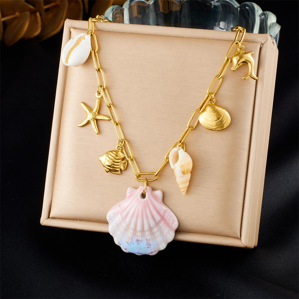 DIEYURO 316L Stainless Colored Sea Shell Conch Sea Stars Pearl Pendant Necklace Lady New Fashion Neck Chain Jewelry Party Gift