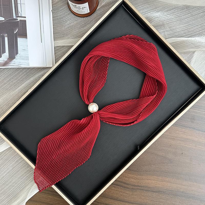 Pearl Magnetic Silk Scarf High-end New Versatile Solid Color Pleated Silk Scarf with Shirt Neck Protector Scarf
