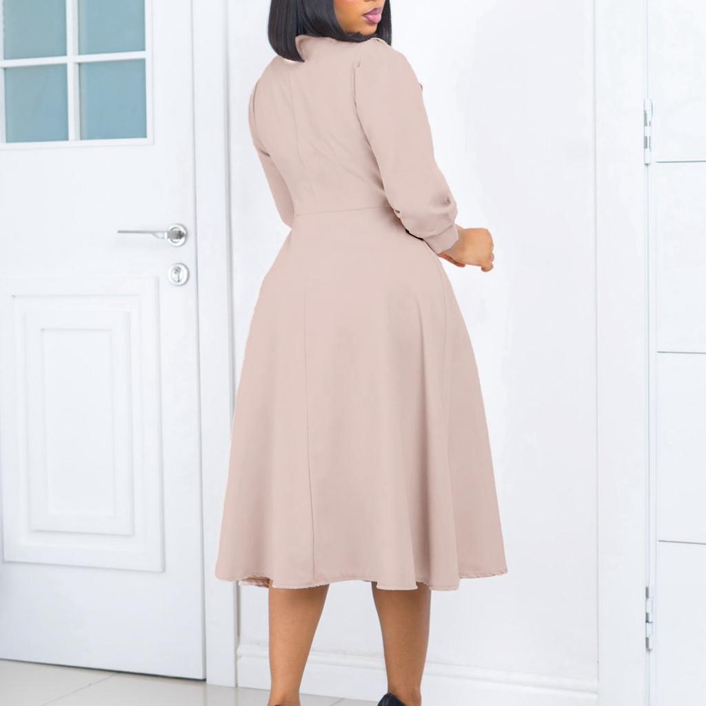 YYFS Women's Fashion Spring Fall Solid Color Print 3/4 Sleeves V-Neck High Waist Casual Dresses