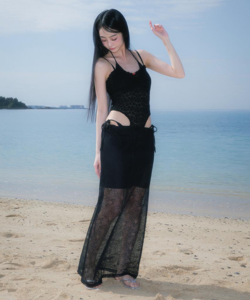Rose Franz Lace Lowrise Long Skirt [Black]
