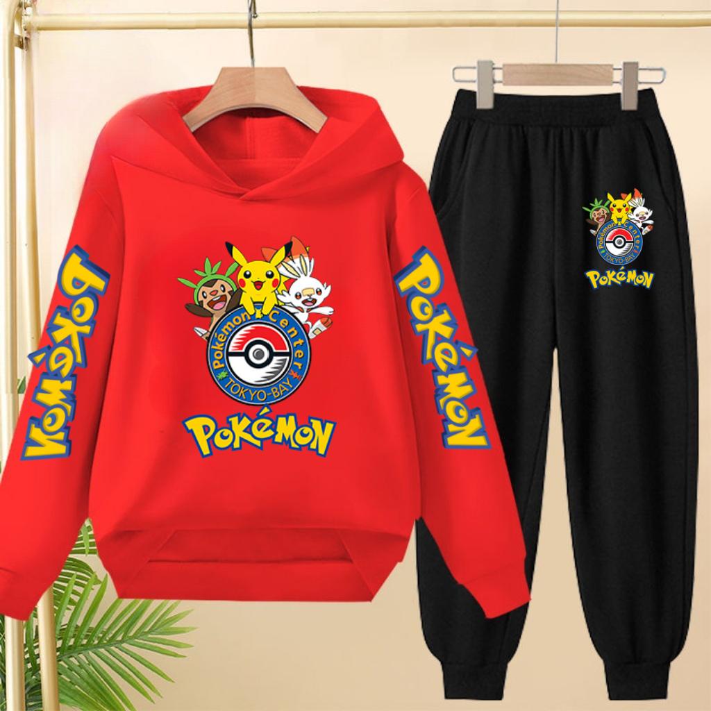Pikachu Two-piece Clothing Children Girls Sweatshirt+Pants Casual Tracksuits Boys Pokemon Hoodie Kawaii Pullover Sports Coat Set