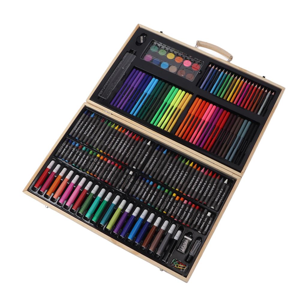 Kids Drawing Kit Wood Box Packed Assorted Bright Colors Multi Purpose Wooden Art Set for Children