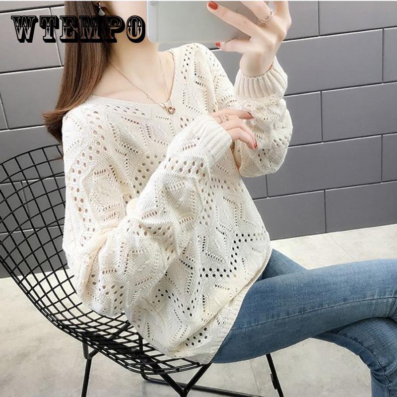 Hollow Women's Knitwear Spring and Autumn Style V-neck Loose Bottoming Shirt Short Long-sleeved Sweater Coat