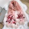Imitation Silk Scarf Floral Embroidered Beaded Thin Scarves Shawl Beach Towel Sunscreen Head Wrap Windproof Hijab