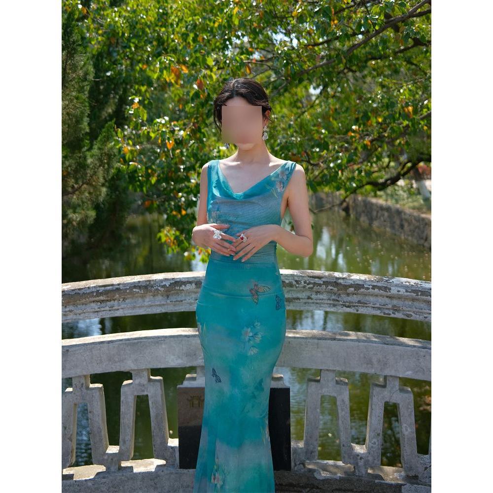 Женское платье с темпераментом для жаркого лета, с отложным воротником, в стиле чистой страсти, с принтом бабочек, сетчатое, приталенное по талии, без рукавов, облегающее бедра, длинная юбка