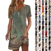 Women's Fashion Casual Printed Lapel Collar Button Short Sleeve Clothing Straps Dress