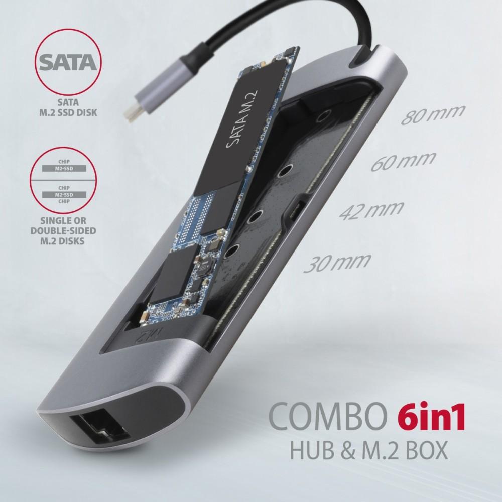Хаб HMC-6M2 USB-C 3.2 Gen 1 хаб w. M.2 SATA + HDMI + GLAN + 2x USB-A + PD 100 Вт