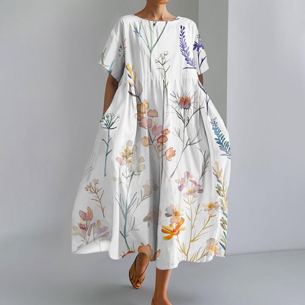 Women's Fashionable Print Round Neck Short Sleeved Loose Hem Pocket Dress
