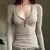 Casual Plunging Neck Knitted T-Shirt Women Autumn Spring Basic Slim Patchwork Tops Long Sleeve Button-down Pullover