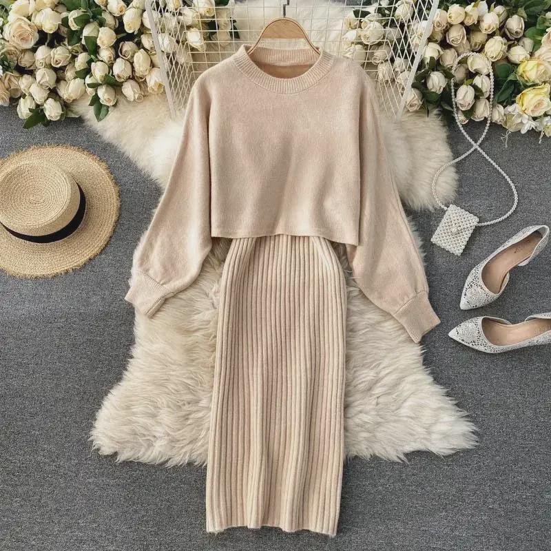 Autumn/Winter Chic Turtleneck Batwing Sweater & V-Neck Dress Set