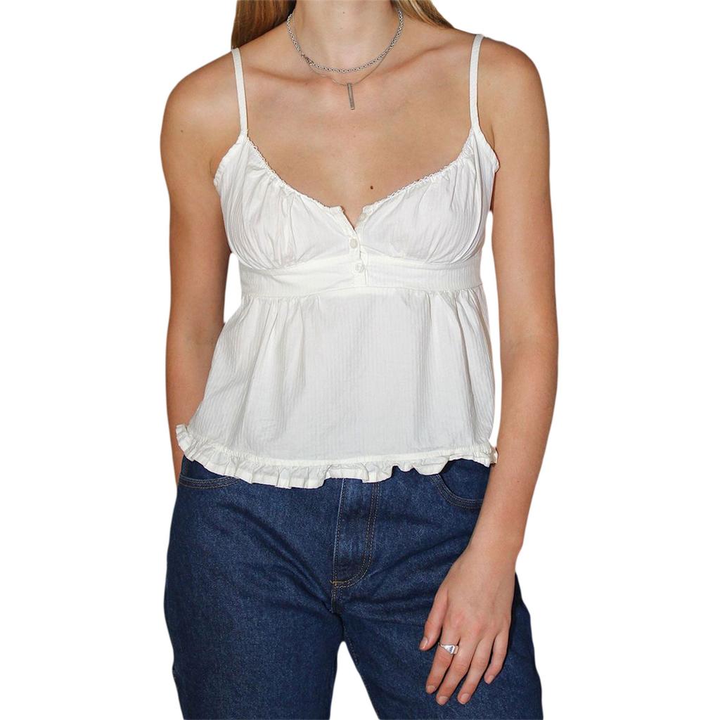 Women´s Summer Casual Camisole Solid/Plaid Sleeveless Deep V Neck Ruffle Hem Sling Vest