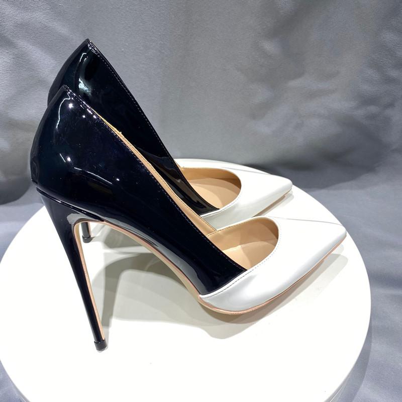 Туфли-лодочки на высоком каблуке, белые и черные, в стиле пэчворк, из кожи, женские, с заостренным носком, 12 см, сексуальные свадебные туфли-лодочки, размер 42, 44, 45