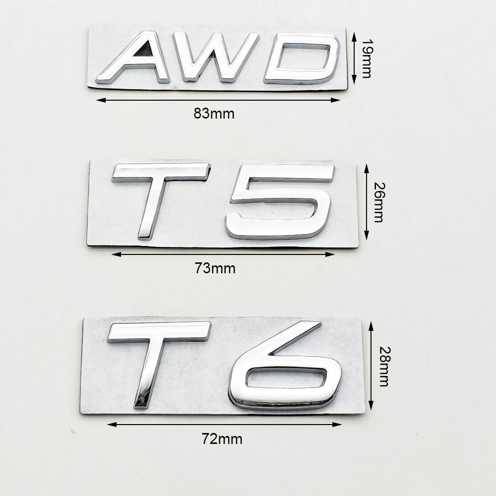 3d Metal Badge Car Rear Trunk Logo T5 T6 AWD Emblem for Volvo S40 S60 S90 XC40 XC60 XC90 V50 V70 T5 T6 AWD Sticker Accessories