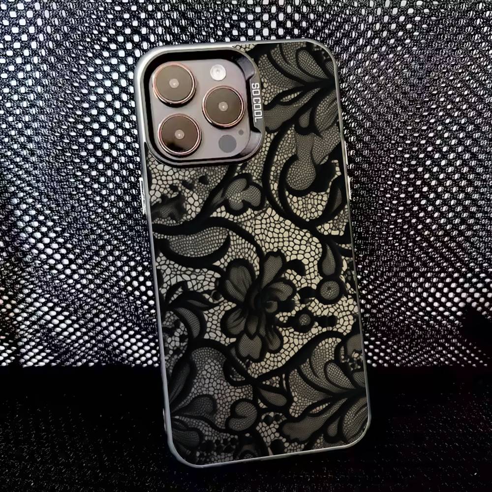 Модный Кружевной Чехол Для Телефона Для iPhone 16,15,14,13,12,11,8,7,Pro,Max,Plus,Mini,XS,SE Противоударный Черный Матовый Жесткий