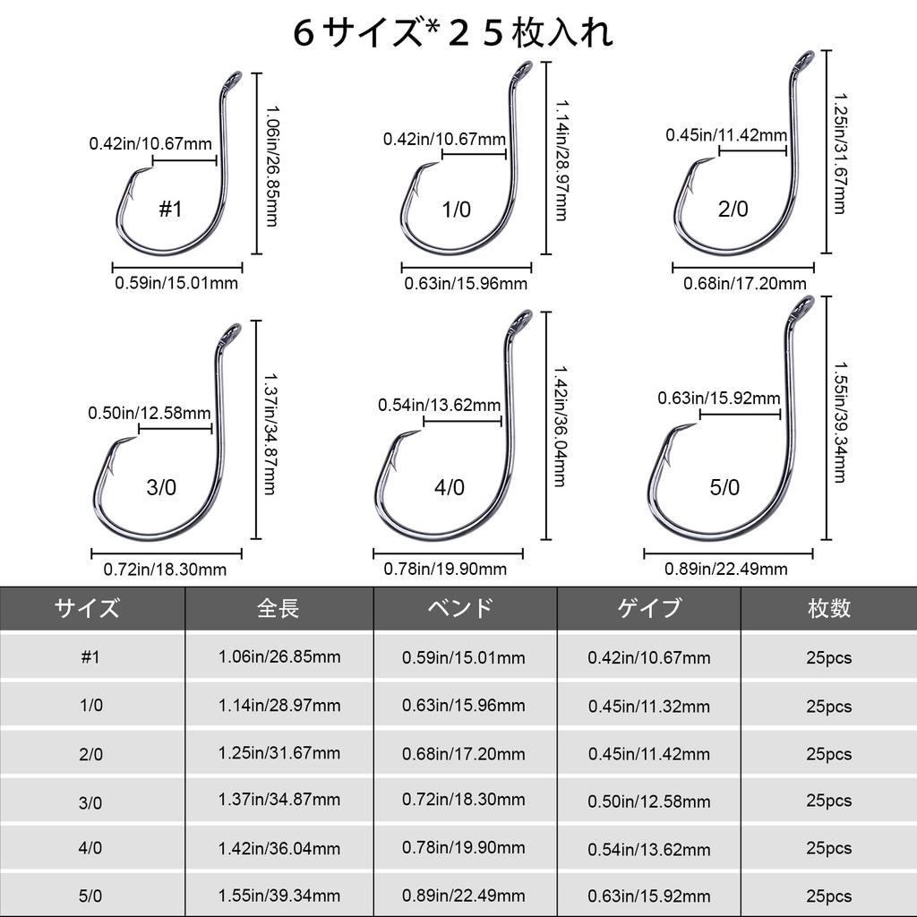 Goture Jig Head Set, #1, 1/0, 2/0, 3/0, 4/0, 25 of Each, for Ajing, Rockfishing, and Light Fishing, 150 Jig Head Hooks