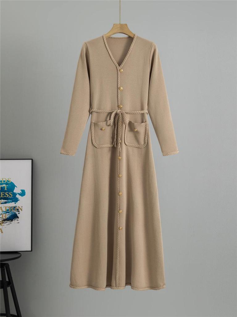 French Knitted A-line Dress & Matching Coat - Women's Slimming Autumn/Winter Woolen Base Layer