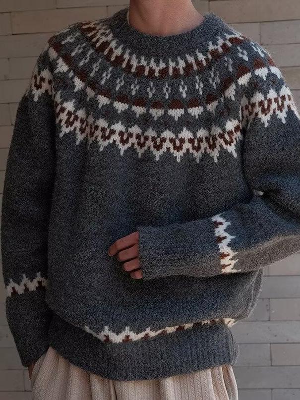 Мужской осенне-зимний вязаный свитер в полоску в стиле Fair Isle (Франция) - С круглым вырезом, свободного кроя, универсальный повседневный стиль.
