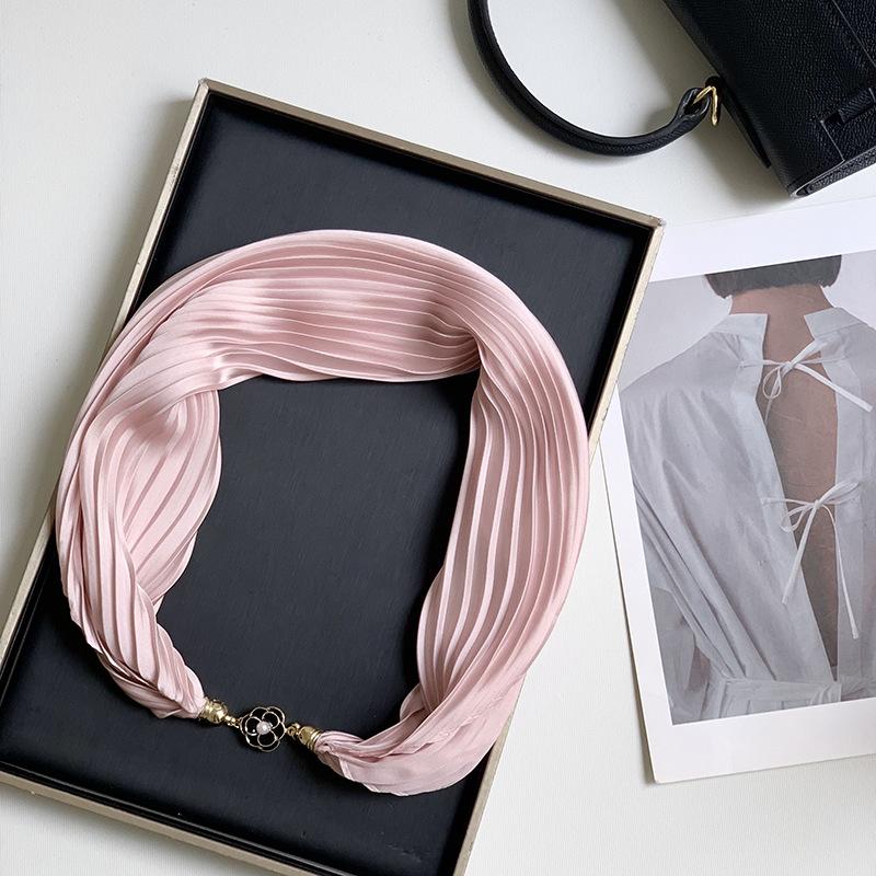 Новый монохромный магнитный шелковый шарф-ожерелье для женщин, плиссированный летний солнцезащитный головной платок, декоративный шарф
