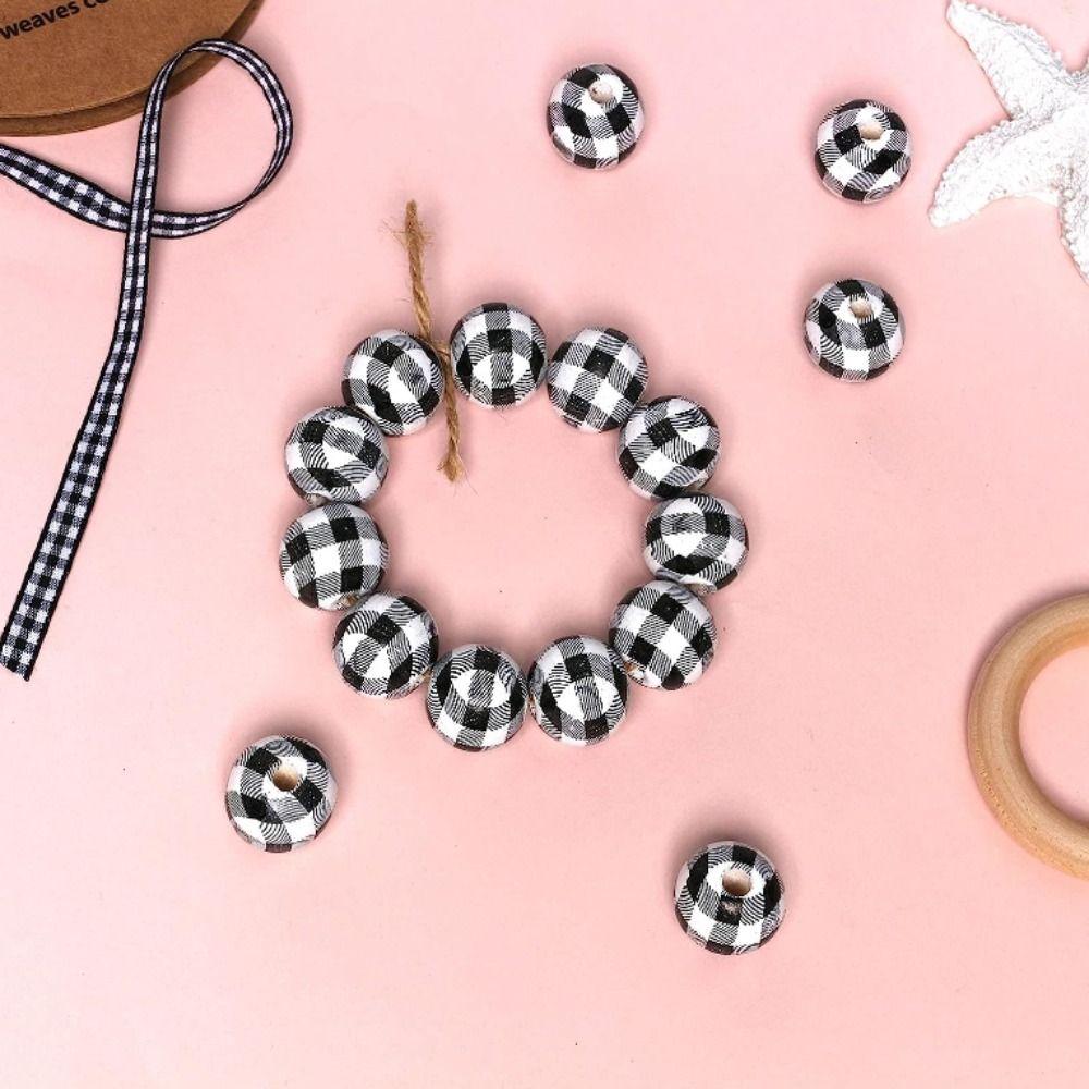 40pcs 16mm Buffalo Plaid Wood Beads Black White Checked Checked Beads Round Beads Home Wall Decor