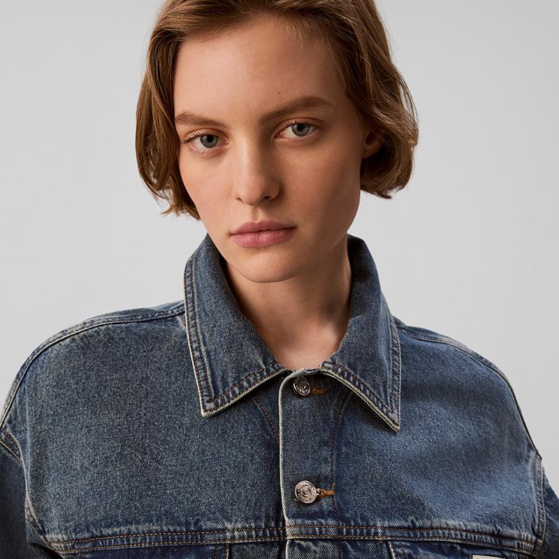 Calvin Klein Джинсовая куртка Классическая Американский Винтаж Хлопковый Воротник Короткая Джинсовая Куртка Женские куртки 47H904G