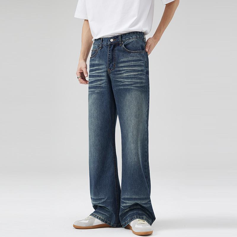 LKTM Джинсы унисекс в американском ретро-стиле, темно-синие, микроклеш, с потертостями, длинные