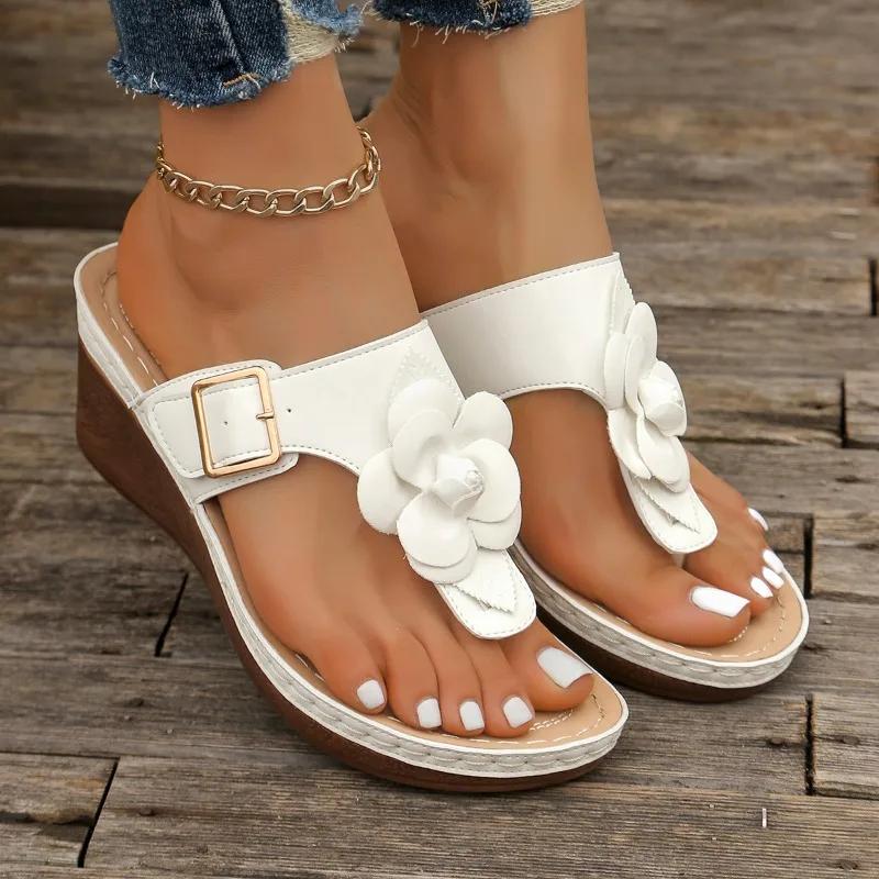 Fashion Flower Wedges Slippers Women Mid Heels Shoes Clip Toe Sandals 2024 Casual Walking Flip Flops New Summer Platform Female Slides