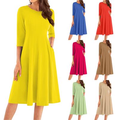 Женское повседневное модное платье миди с круглым вырезом и рукавом три четверти