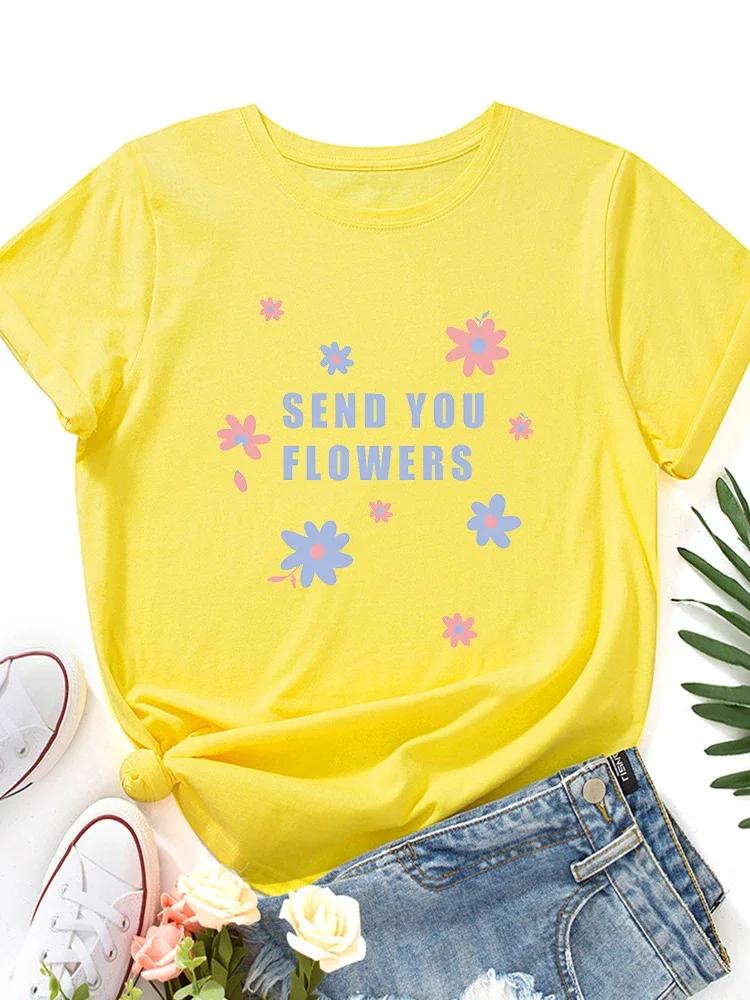 Футболка с принтом SEND YOU FLOWERS, женская, с коротким рукавом и круглым вырезом, свободная, летняя женская футболка, топы, Camisetas Mujer