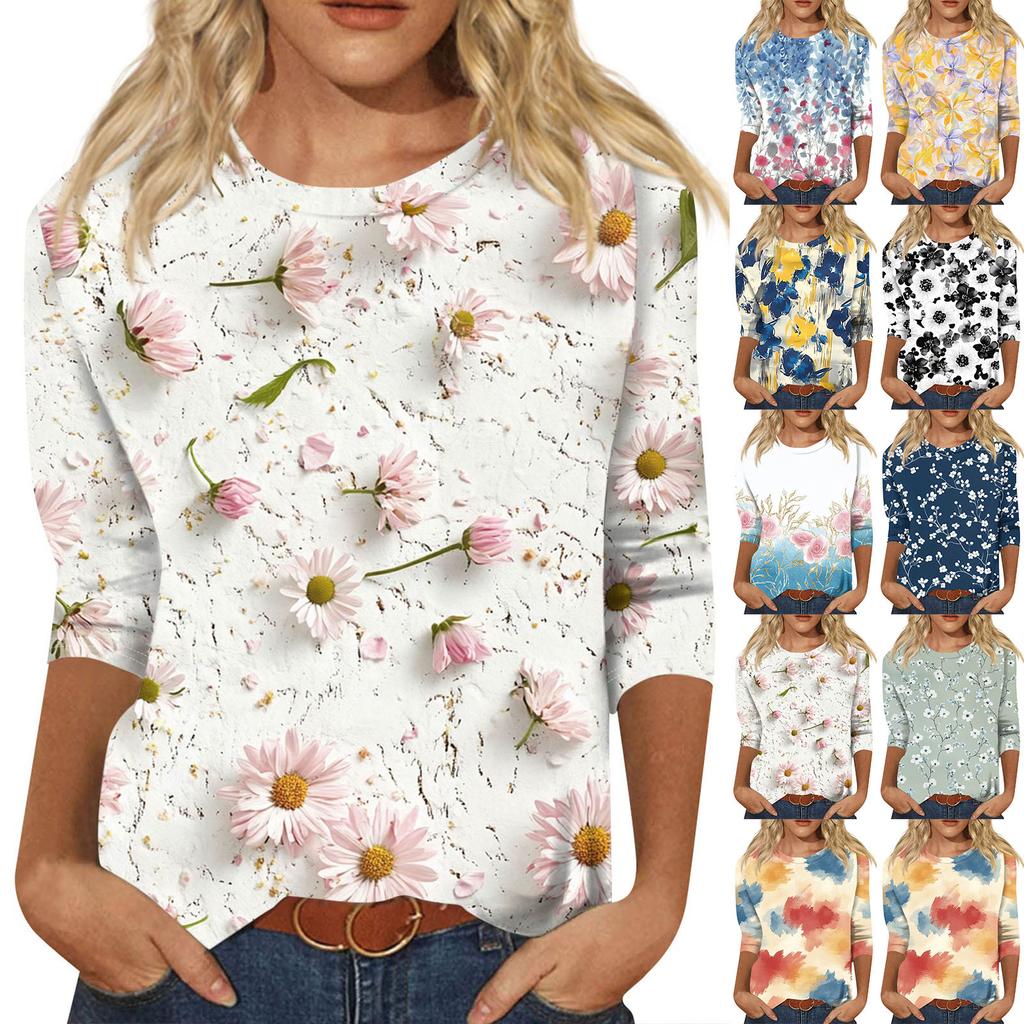 Women's Fashion Casual Seven Sleeve Printed Round Neck T-Shirt Top