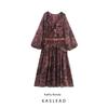 Kaslead New Women Clothes Western Style Fashion With Belt Frill Print V-neck Dress