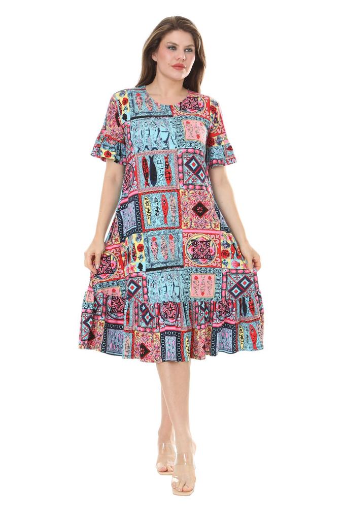 Женское платье большого размера с рюшами и карманами, с коротким рукавом, синее платье с узором в виде плитки