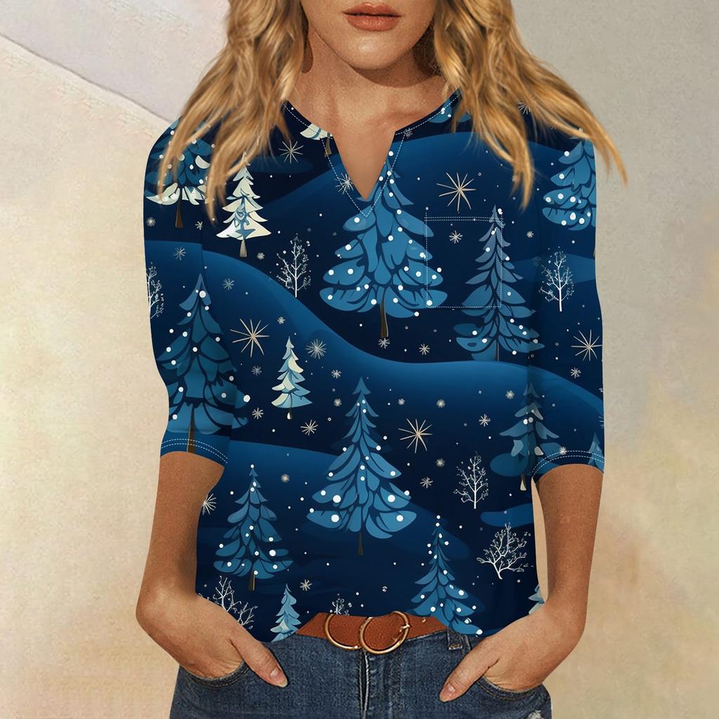 Женская рубашка с рукавом семь дюймов, напечатанная в стиле ретро, повседневная, свободная, с V-образным вырезом, рождественская