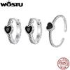WOSTU 925 Sterling Silver Classical Heart Style Black Crystal CZ Rings For Women Retro Flower Pattern Hoop Earrings PartyGift