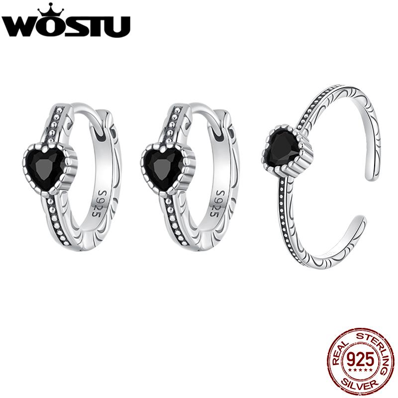 WOSTU 925 Sterling Silver Classical Heart Style Black Crystal CZ Rings For Women Retro Flower Pattern Hoop Earrings PartyGift