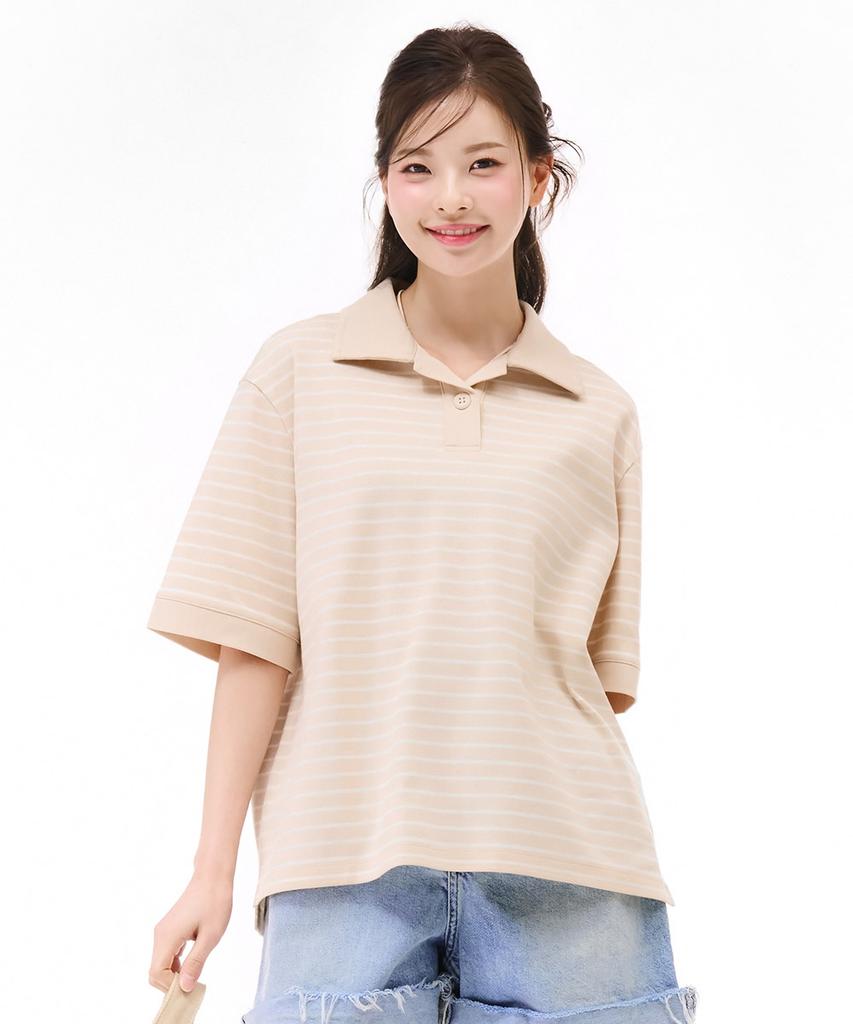 CHASECULT Women'S Open Collar Striped Short Sleeve T-Shirt - Beige