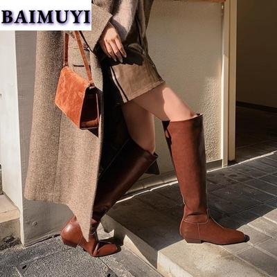 Брендовые дизайнерские женские сапоги до колена на среднем толстом каблуке 2025 года, трендовые зимние меховые кожаные готические туфли для женщин с квадратным носком, зимние ботинки Mujer