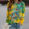 Fall Autumn Women'S Fashion O Neck Long Sleeve T-Shirt Loose Clothes Peacock Feathers Print T Shirt
