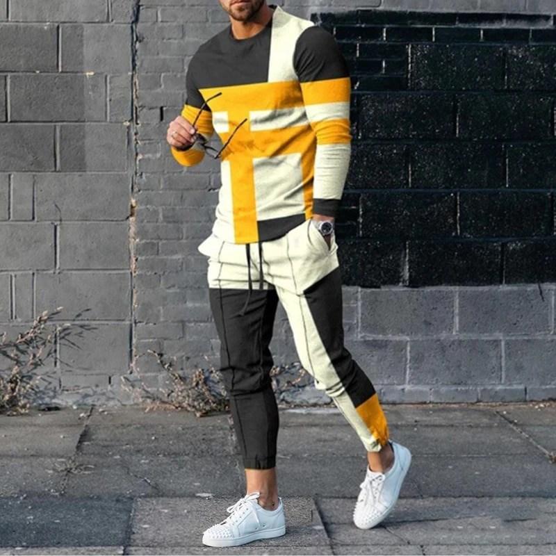 Fashion Splicing Color 3D Printing Men's Sportswear Set Casual Long-sleeved Pants 2-piece Set Oversized Pullover Men's Clothing