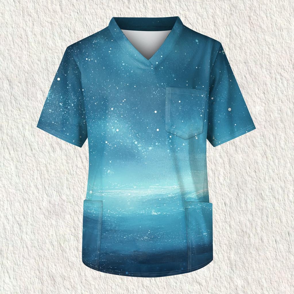 Мужская рабочая блузка с короткими рукавами и v-образным вырезом с принтом, топ с нагрудным карманом