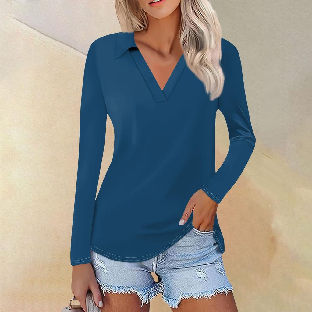 Женская летняя модная повседневная однотонная рубашка с v-образным вырезом и длинным рукавом с принтом, топ