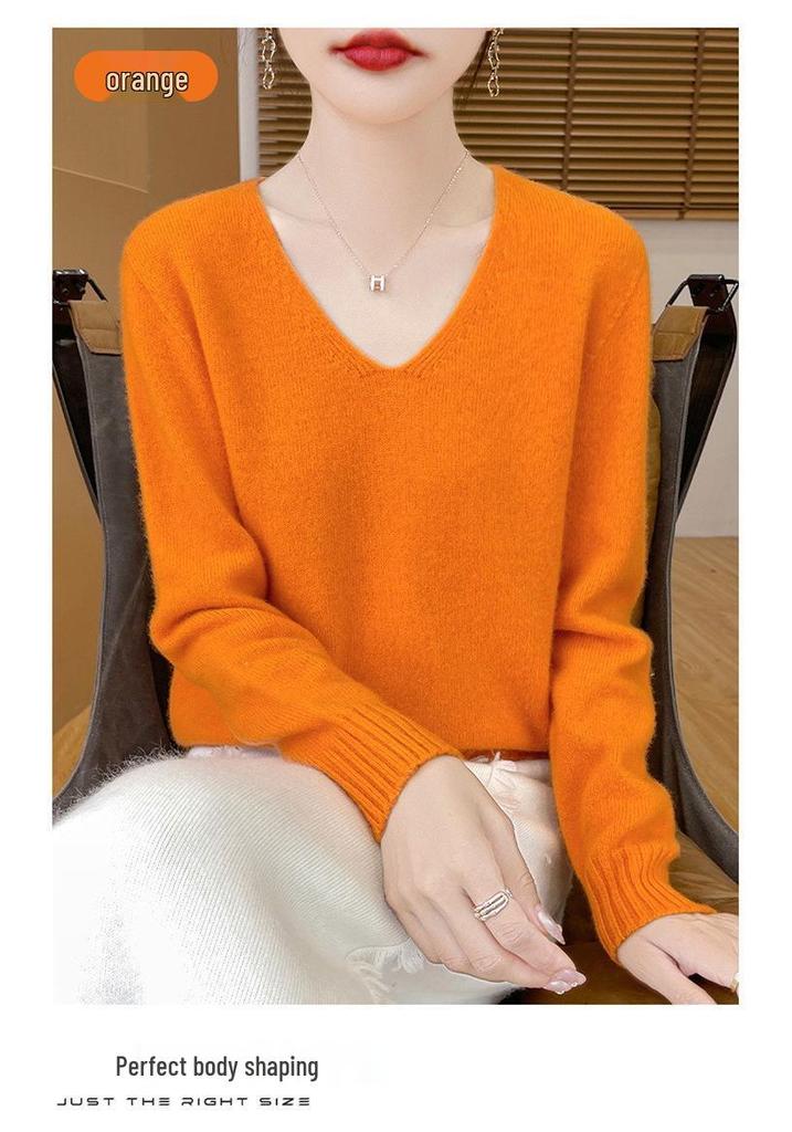 Women's V-Neck Thickened Wool Knit Sweater – 100% Pure Loose Fit