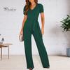 Летний женский комбинезон, прямой, широкий крой, потайная молния, короткие рукава, V-образный вырез, однотонный, на шнуровке, с поясом, с узкой талией, OL, стиль для поездок, глубокая промежность, на каждый день