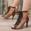 Fashion Women's Fashion Leopard Print High Heels Summer New Round Head Net Cloth Front Strap Anti-slip Wear-resistant Sandals