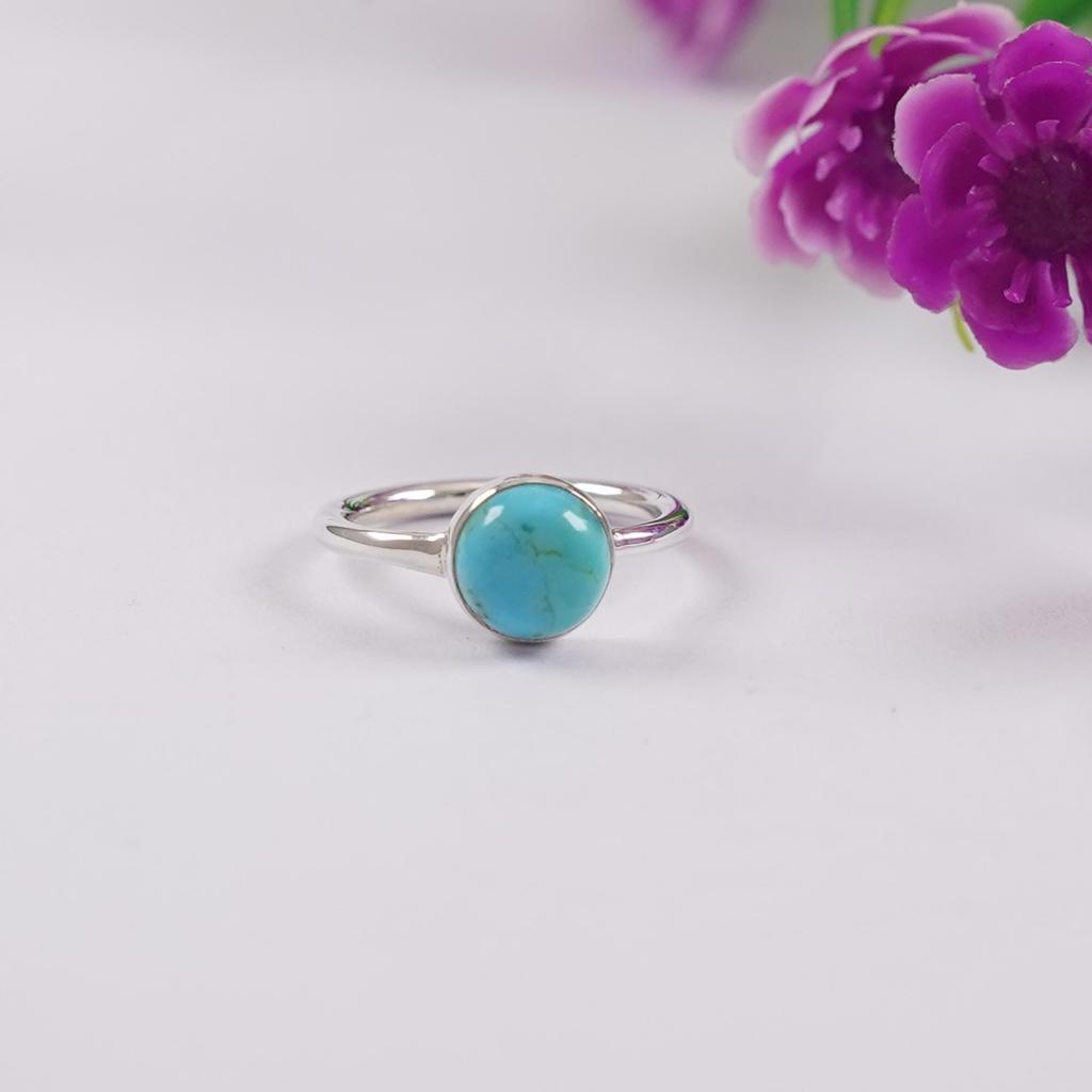 Dainty Kingman Turquoise Ring: 925 Sterling Silver Handmade Round Gemstone Ring